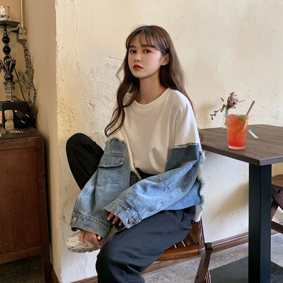 Women’s Sweatshirts Korean Chic Ulzzang Denim Stitching Round Neck Vintage Clothes Female Kawaii Cute Svitshot For Girls alx