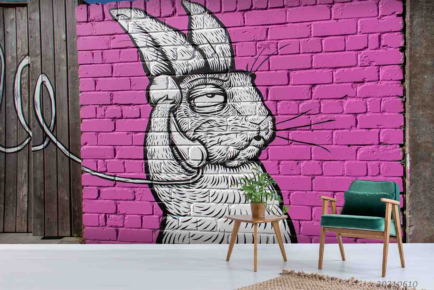 3D Hand-Painted Cartoon Brick White Rabbit Wall Mural Wallpaper Sww1857