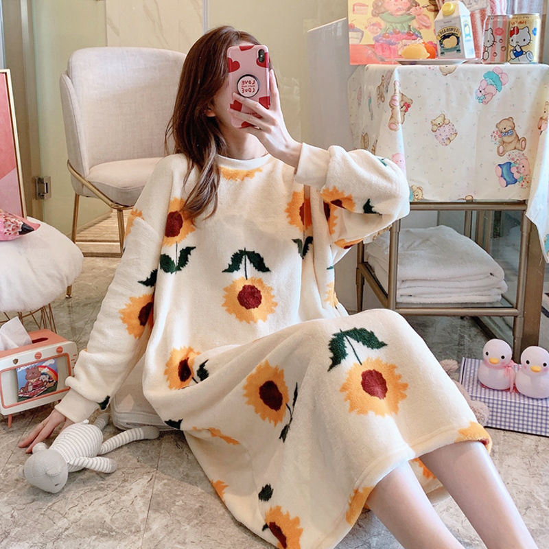 Thickening Coral Fleece Nightgowns Women Soft Loose Sweet O-neck Calf-length Nightdress Winter Cozy Sleepwear Cute Sleepshirts alx