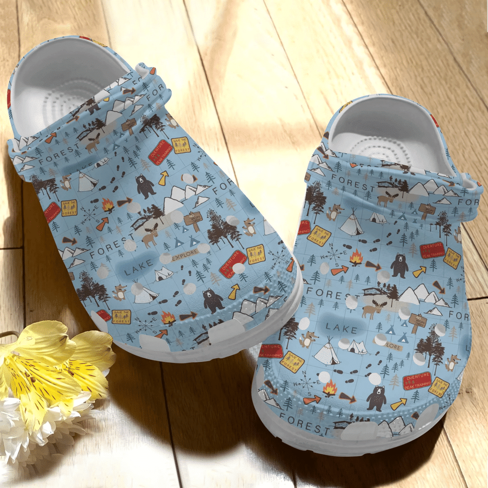 Camping Map Forest Lake Explore Gift For Lover Rubber Crocs Clog Shoes Comfy Footwear