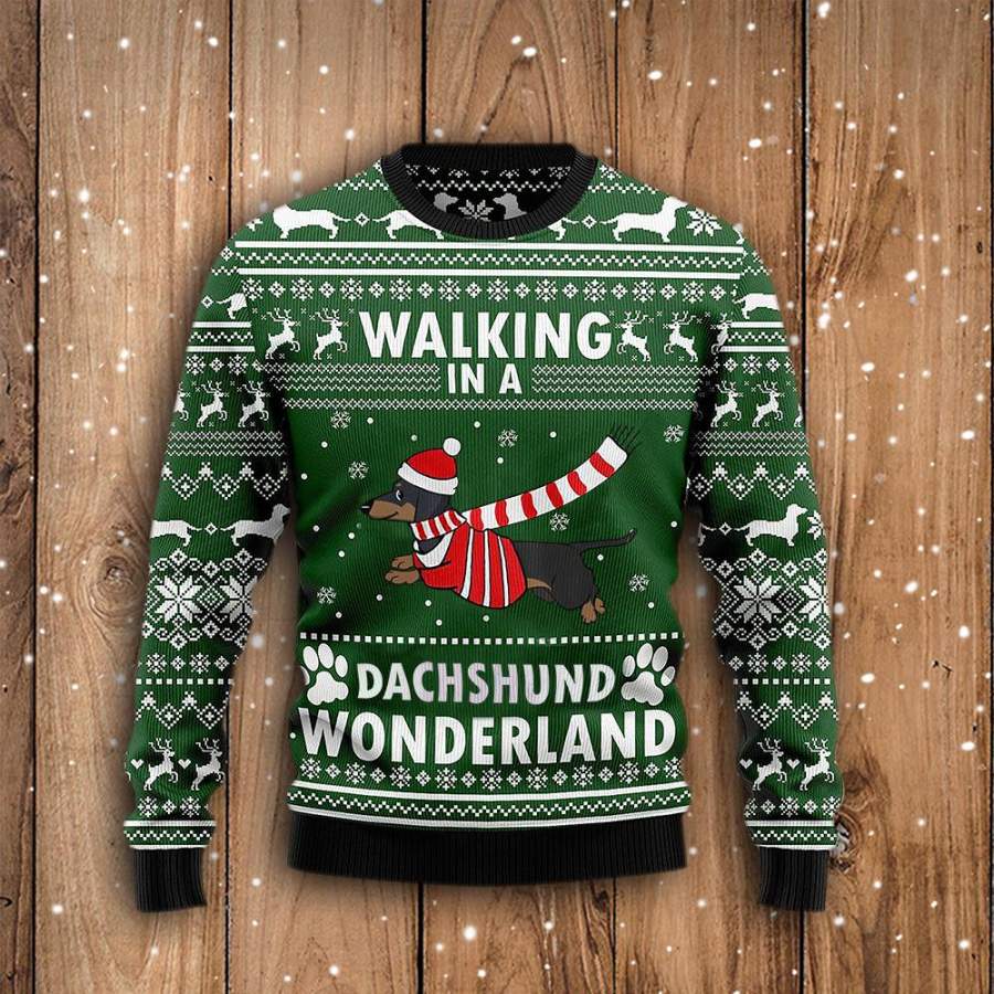 Walking In A Dachshund Wonderland Sweatshirt Green Ugly Christmas Sweater Weiner Dog Gifts