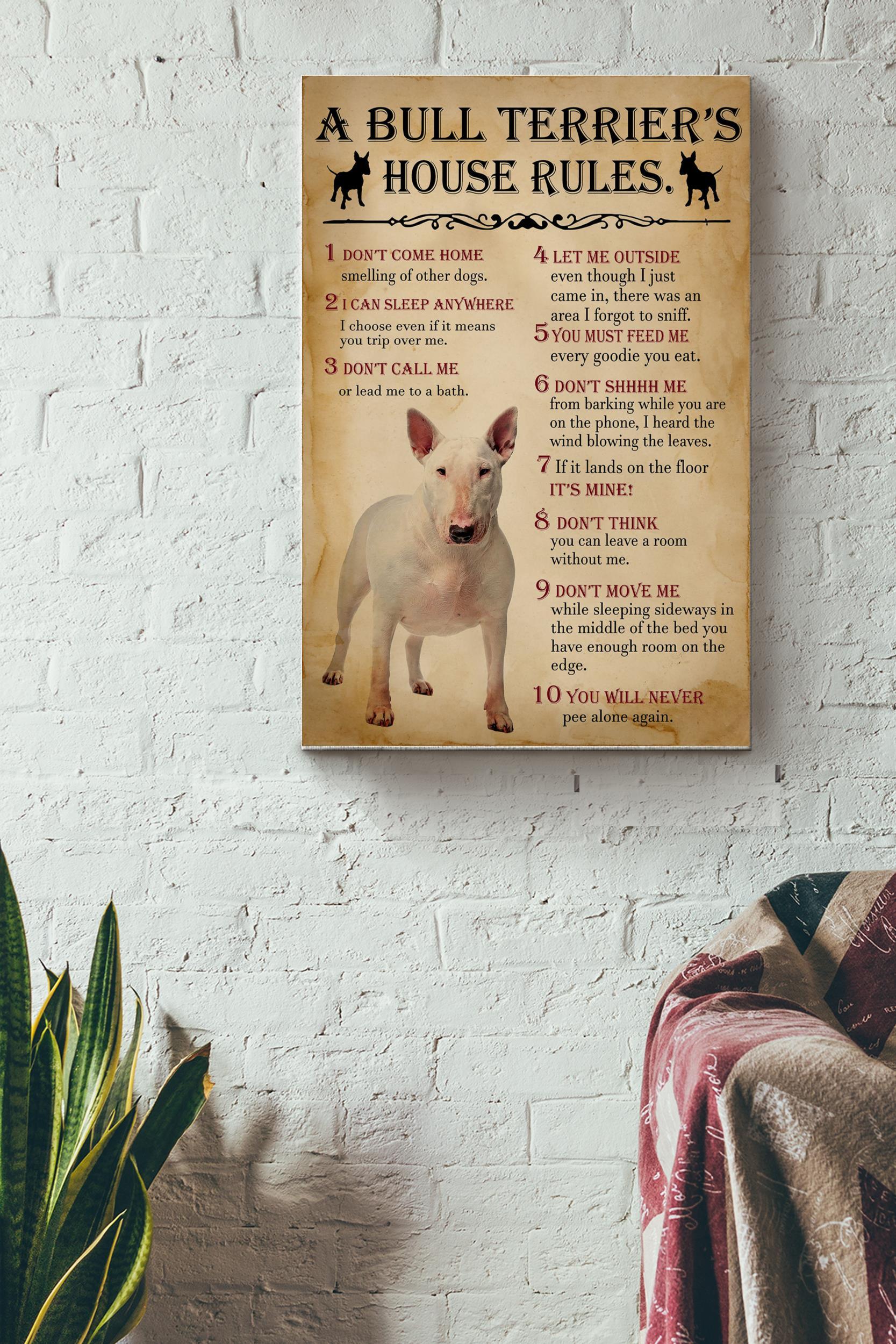 A Bull Terrier House Rules Poster – Animals Wall Art – Gift For Dog Lovers Puppy Fan Dog Foster Kids Children Room Dog Cafe Wrapped Canvas