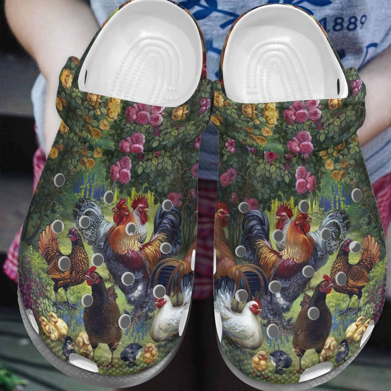 Chickens In The Garden Personalize Clog, Custom Name, Text, Fashion Style For Women, Men, Kid, Print 3D Whitesole