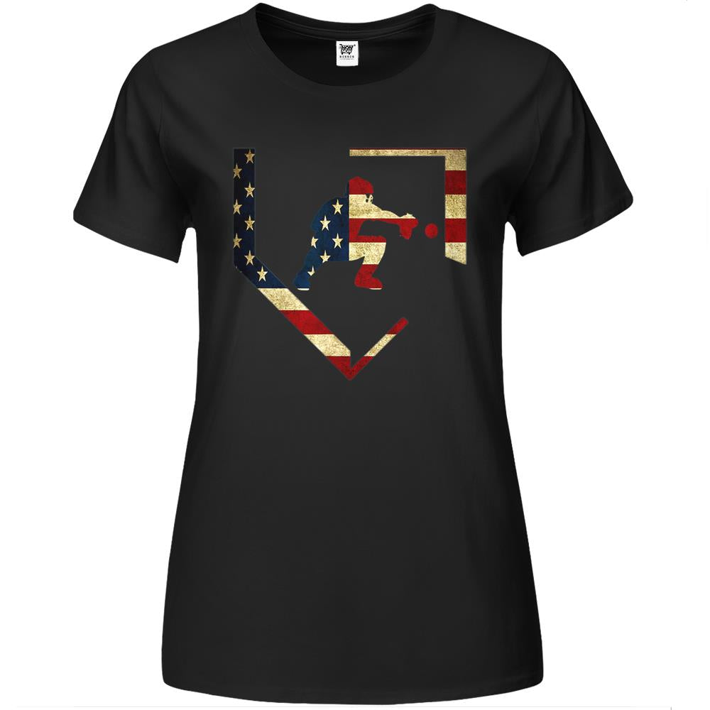 Baseball Catcher Gear T-Shirt American Flag Baseballin Gift Premium Womens T Shirts