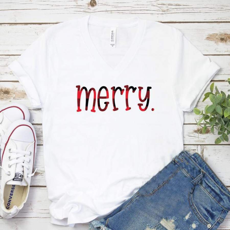 Merry V Neck Shirt, Buffalo Plaid, Christmas V Neck Shirts for Women, Christmas Shirts, Merry Christmas Shirt, Bella Canvas Unisex V Neck, Shirt for Christmas Party, best friend gift, gift for him, christmas gift for her, christmas gift ideas 2019