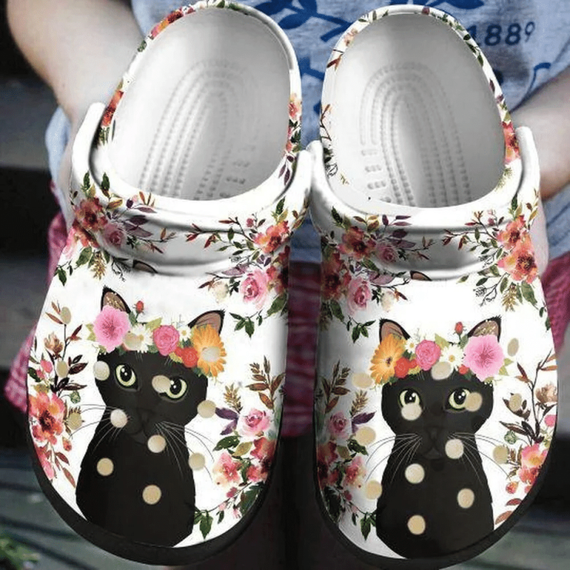 Black Cat Flower Personalized 6 Gift For Lover Rubber clog Shoes Comfy Footwear