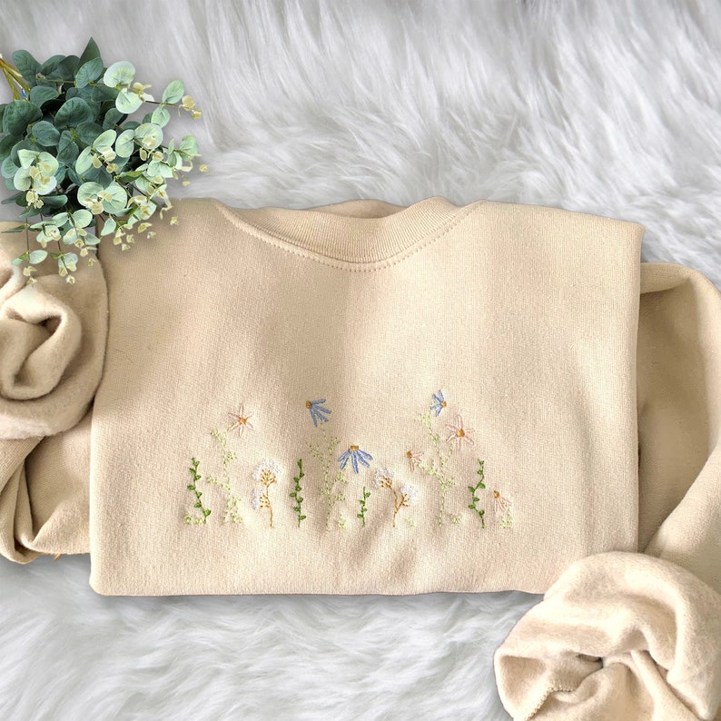 Pastel Floral Embroidered Sweatshirt Crewneck Sweatshirt All Over Print Sweatshirt For Women Sweatshirt For Men Sws2731