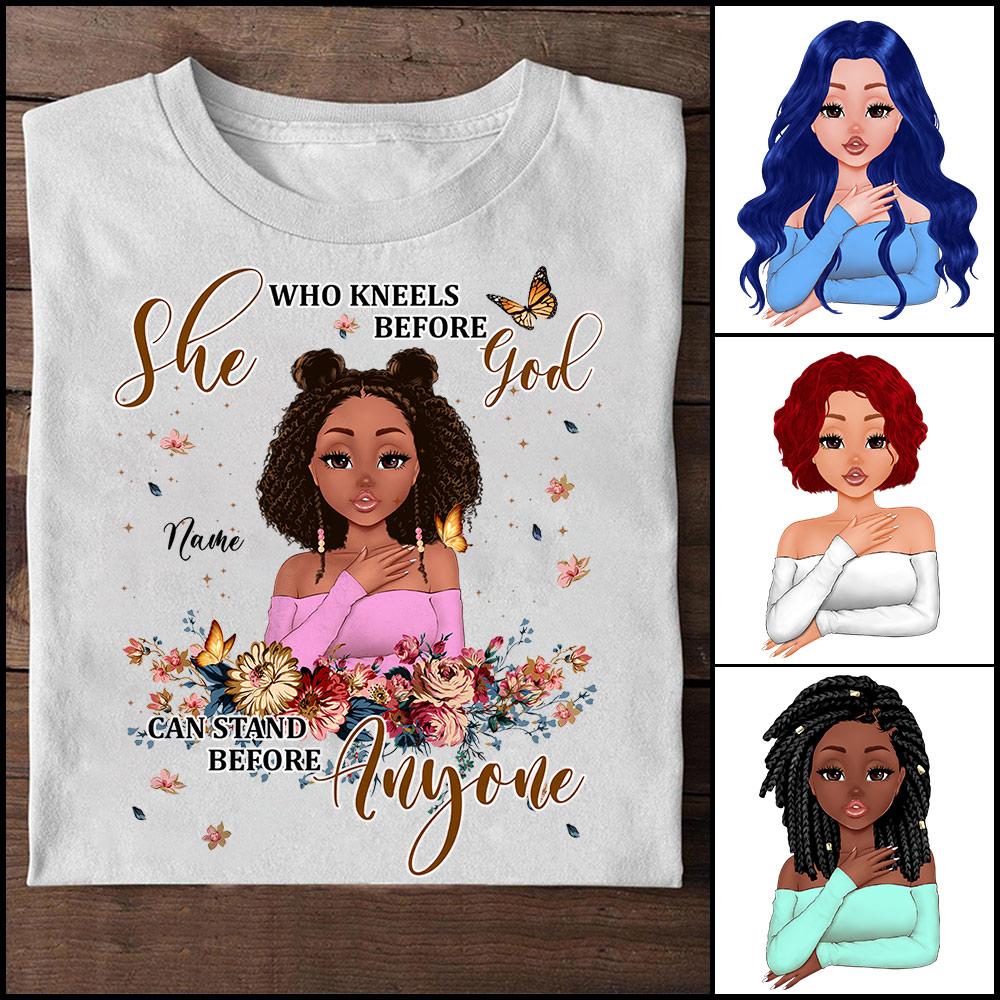 Personalized Black Queen T-Shirt She Who Kneels Before God Can Stand Before Anyone Shirt Gift For Black Women Custom Name And Body Shirt