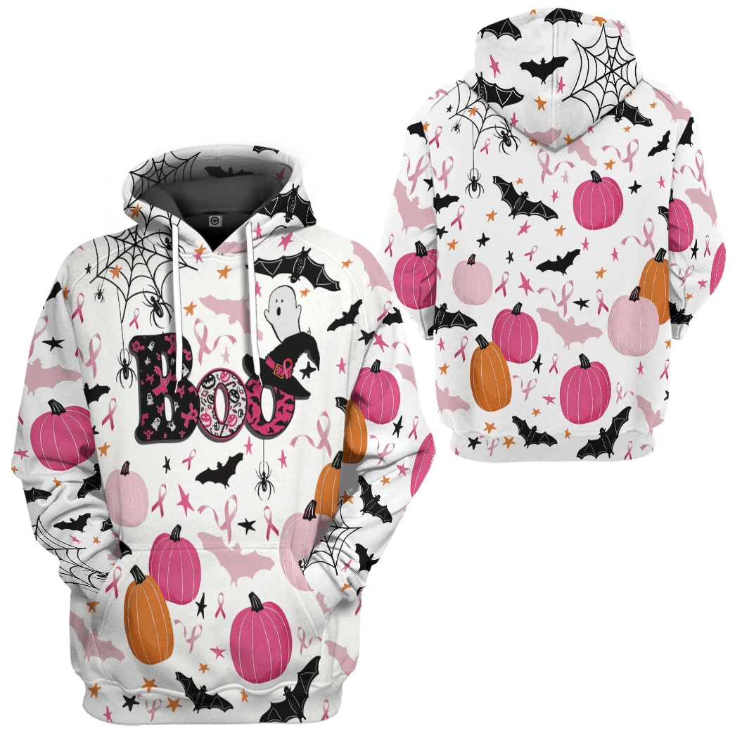 Halloween Breast Cancer T-Shirt Halloween Boo Ghost Patterns Breast Cancer Ribbon Hoodie Halloween Breast Cancer Hoodie