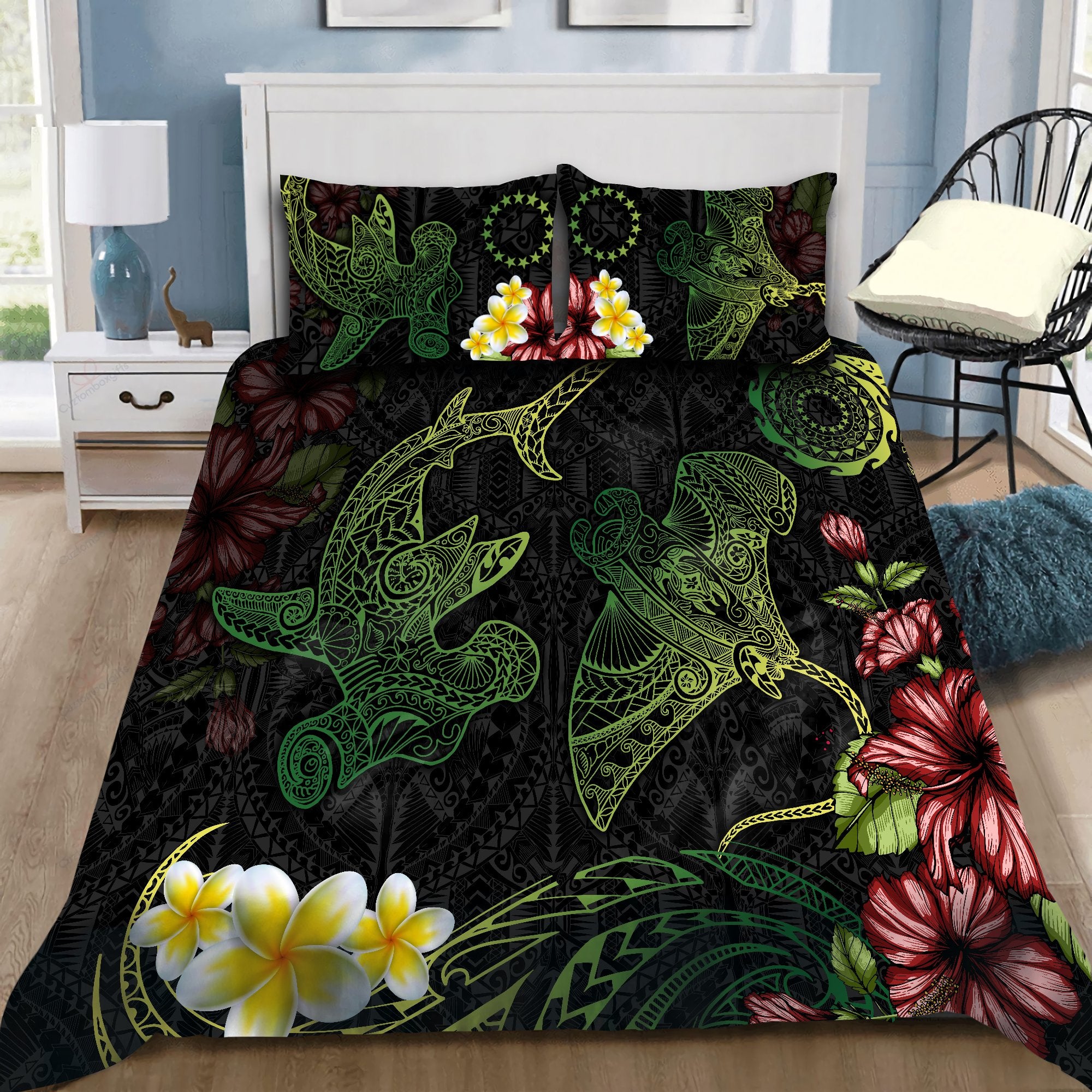 Tmarc Tee Cook Islands Bedding Set Beautiful Rays Shark Tipani Hibiscus