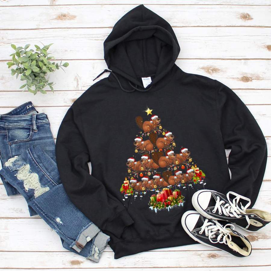 Beavers christmas xmas tree lights santa hat candy cane happy season black hoodie for men and women S-5XL