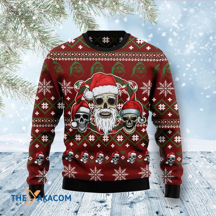 Scared Skull Santa Claus In Circle Gift For Christmas Ugly Christmas Sweater