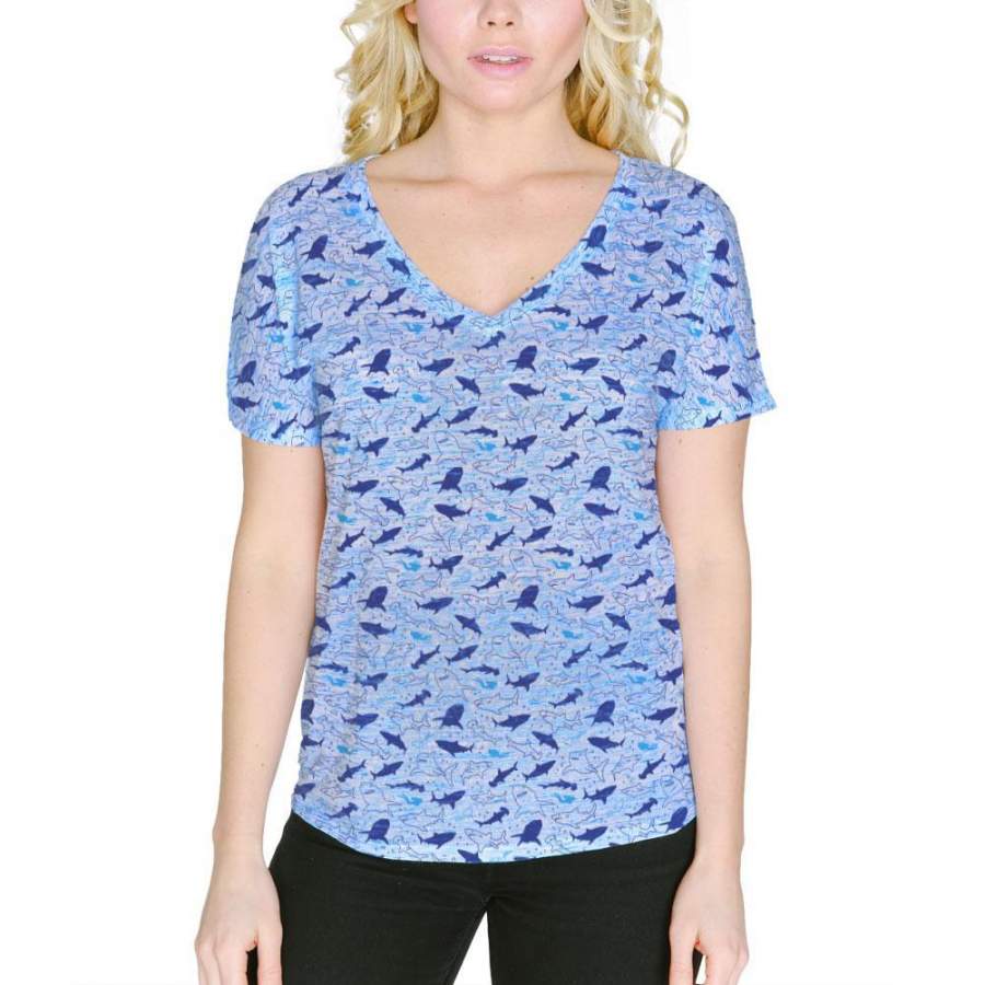 Shark Sharks Outline Repeat Pattern Women’s Slouchy V-Neck T Shirt