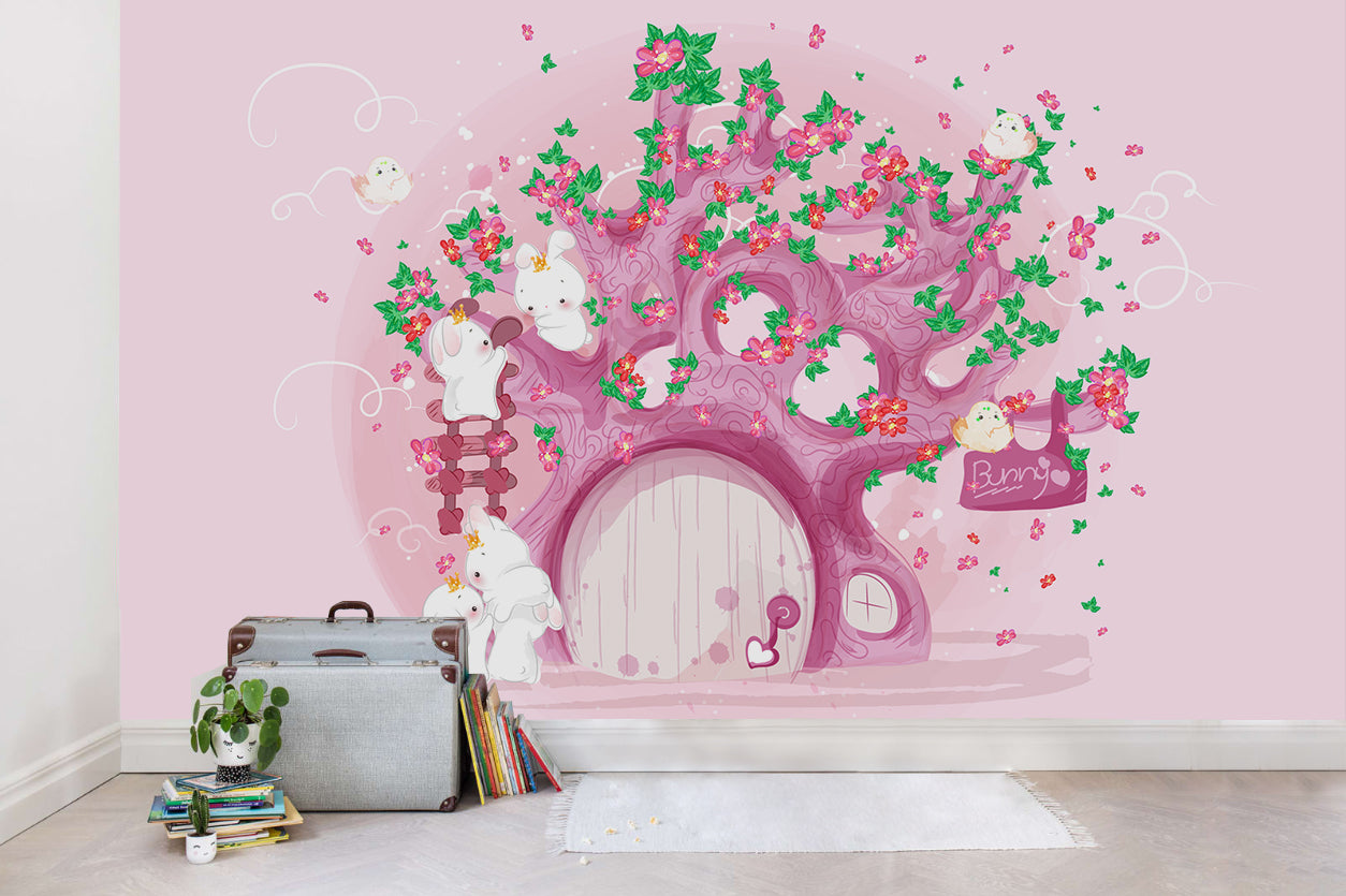 3D Tree Rabbit Floral Wall Mural Wallpaper Sww 2