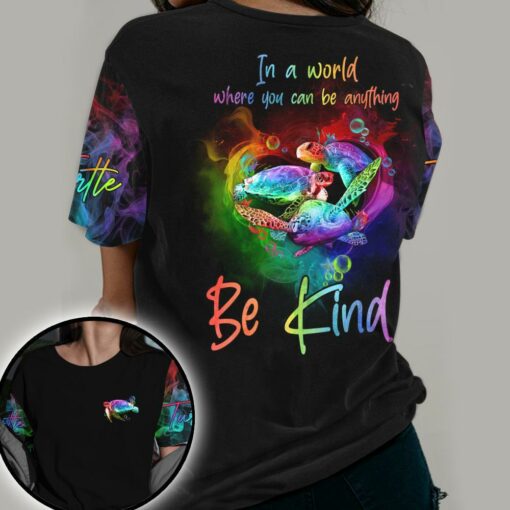 Rainbow Heart Turtle In A World Where You Can Be Anything Be Kind 3D All Over Printed Shirts For Turtle Lovers, Gift For Men And Women Turtle Lover 3D Shirts