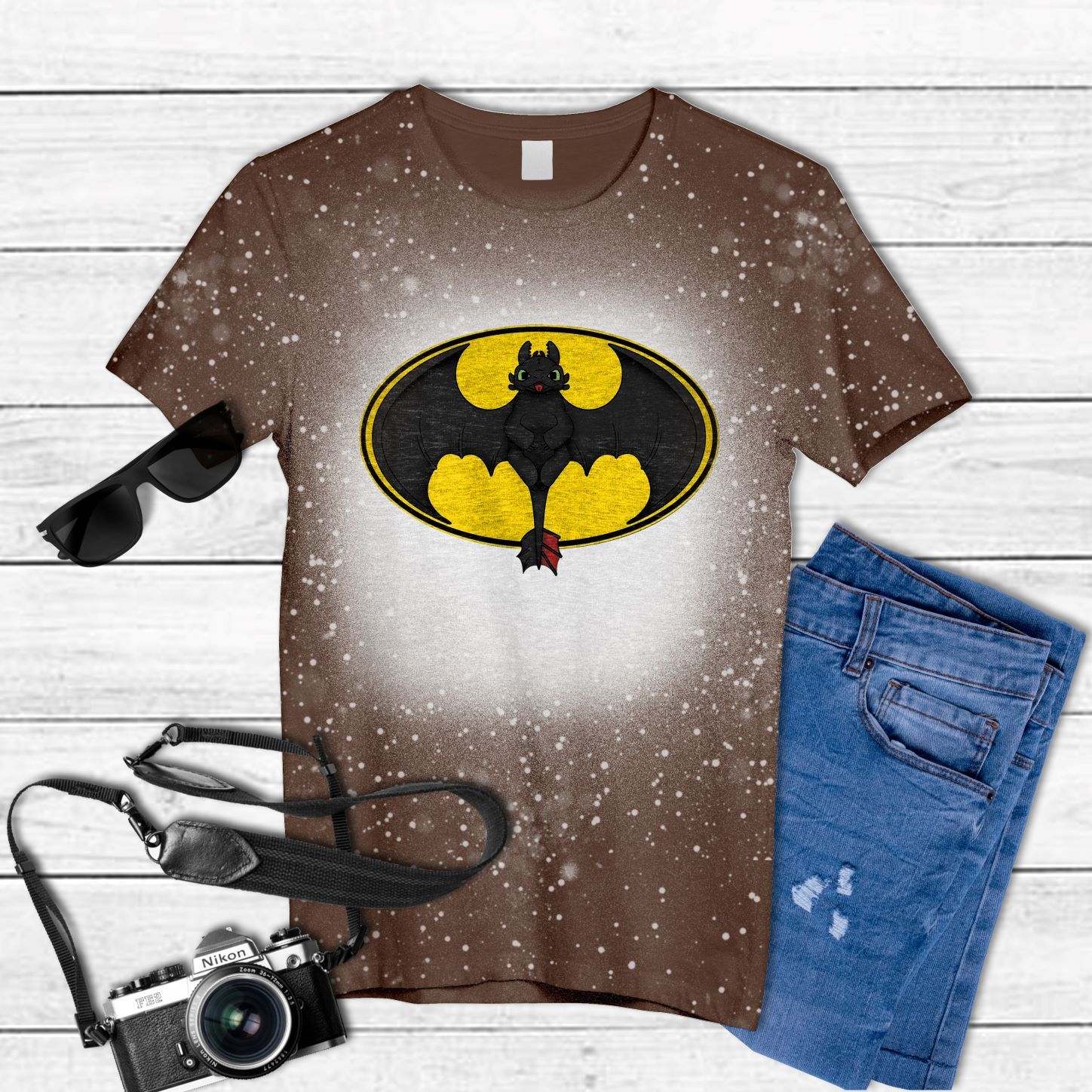 Toothless How To Train Your Dragon Mashup Batman Logo Tie Dye Bleached T-Shirt