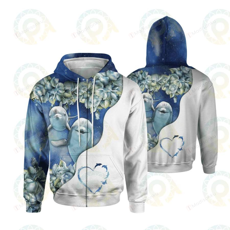 Dolphin Love Heart 3D All Print Hoodie, Zip- Up Hoodie