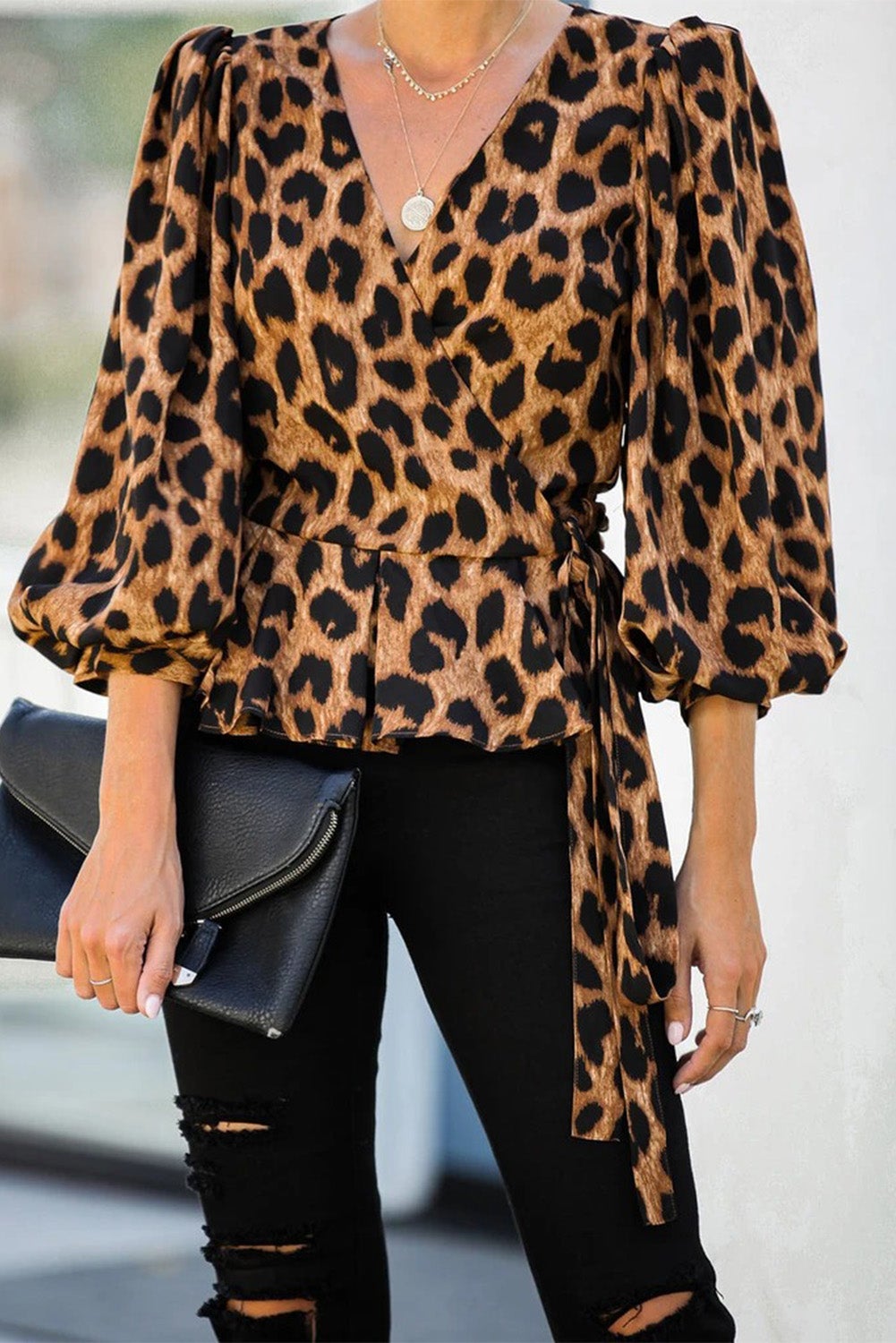 Azura Exchange Leopard Ruffled Wrap V-Neck Blouse With Belt