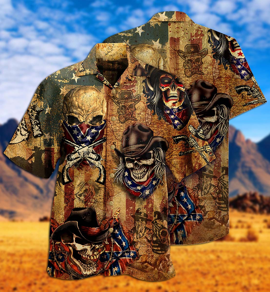 Skull Cowboy Flag Hawaii Aloha Shirts Kv Ha44796