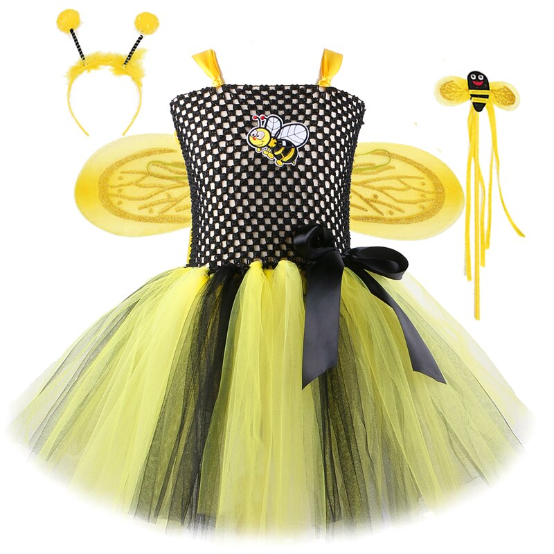 Bumble Bee Tutu Dress for Baby Girls Birthday Outfit Halloween Costume for Kids Honeybee Cosplay Dresses with Wing Headband Set alx