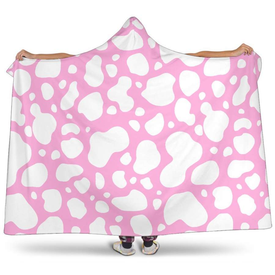 White And Pink Cow Print Hooded Blanket