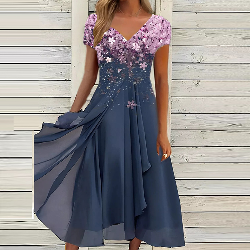 Women Elegant Floral Patchwork Chiffon A-line Party Dress Summer Fashion V-Neck Short Sleeve Maxi Dress Lady Irregular Vestidos alx