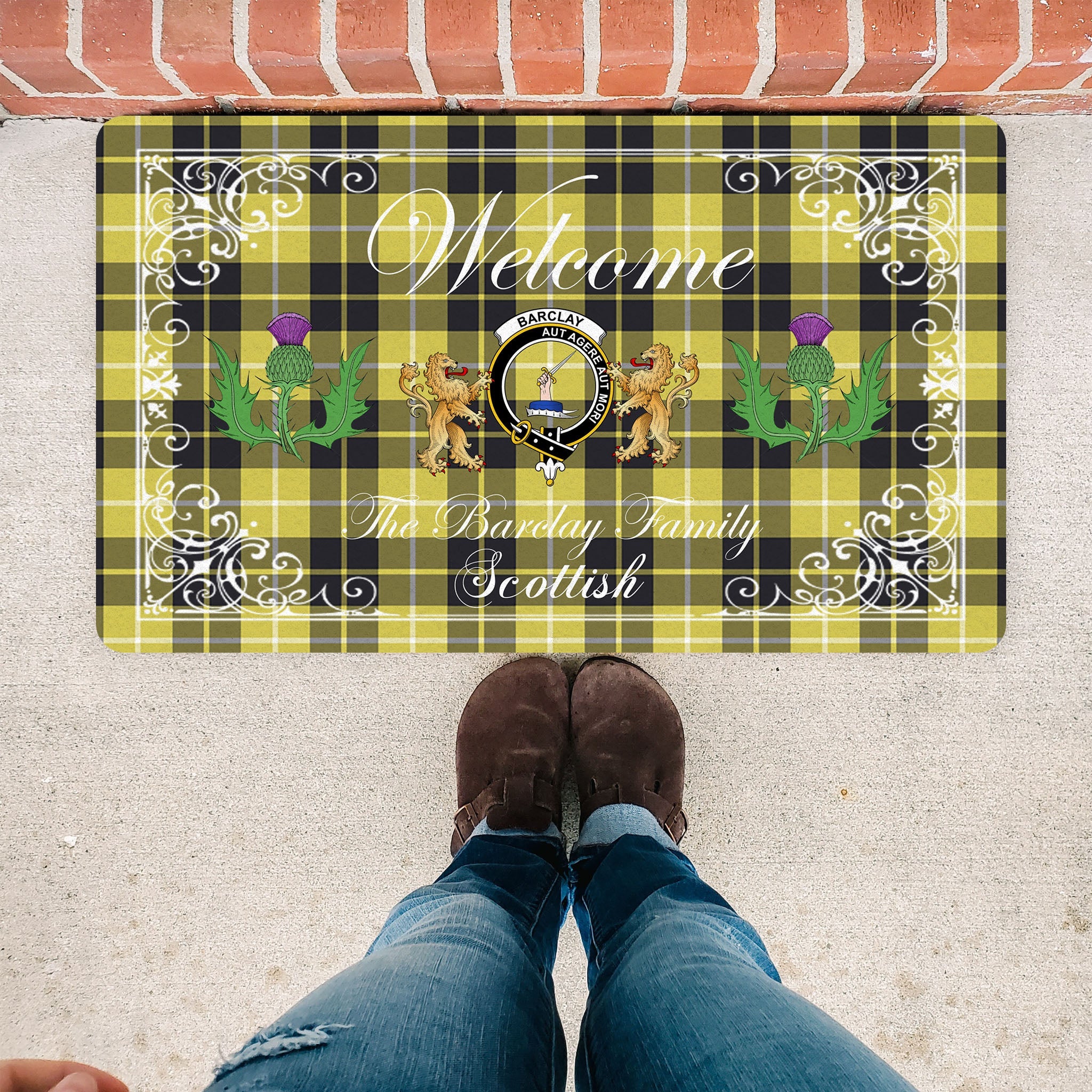 Scotstee Shop Tartan Door Mats Clan Barclay Dress Modern Badge Tartan Thistle And Two Lion Scottish Plaid Doormat, Christmas Door Mat Gift