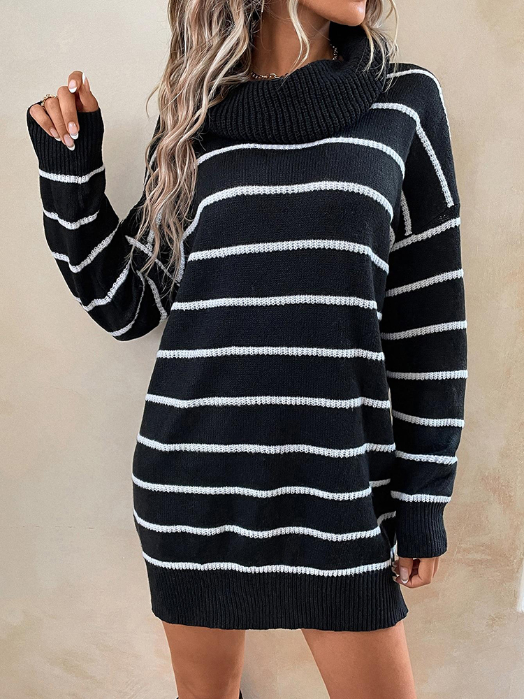 Vintage Stripe Knitted Dress Autumn Women’s Long Sleeve O Neck Pullover Sweater Casual Streetwear Loose Fit Female Mini Dresses alx