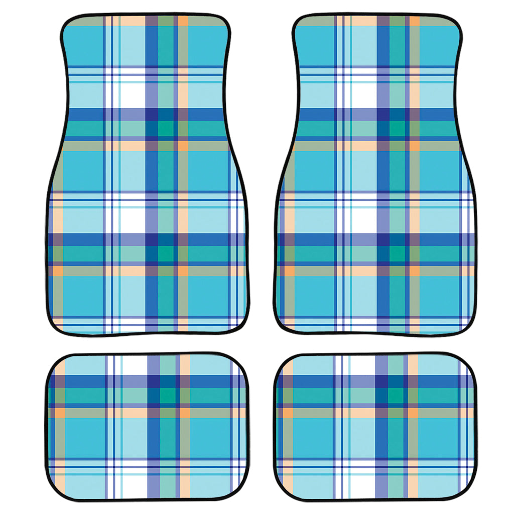 Blue Madras Pattern Print Front And Back Car Floor Mats, Front Car Mat