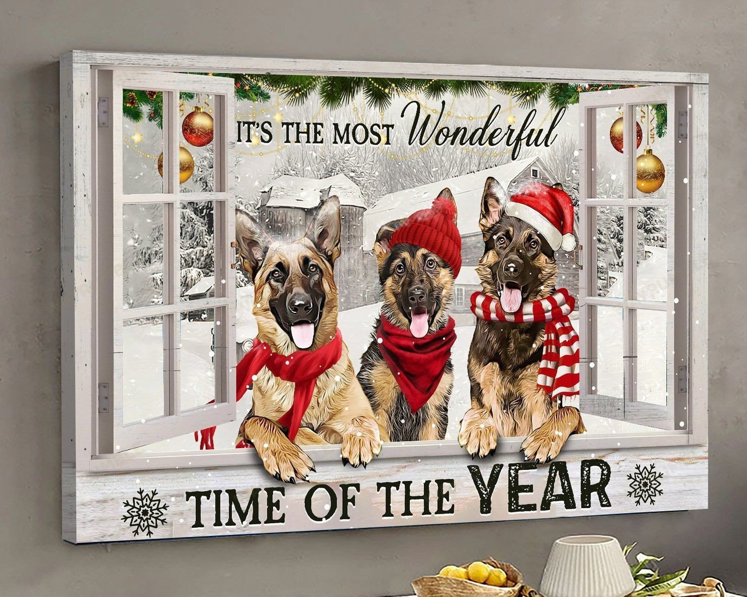 Three Shepherds By The Window Poster – It’S The Most Wonderful Time Of The Year Canvas Home Decoration Christmas Gifts For Men Women