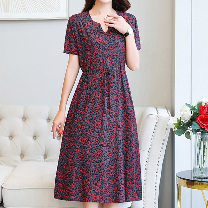 Summer Women Dress Floral Casual Short Sleeve V-neck Long Party Dresses Female Print Plus Size 5XL 6XL alx