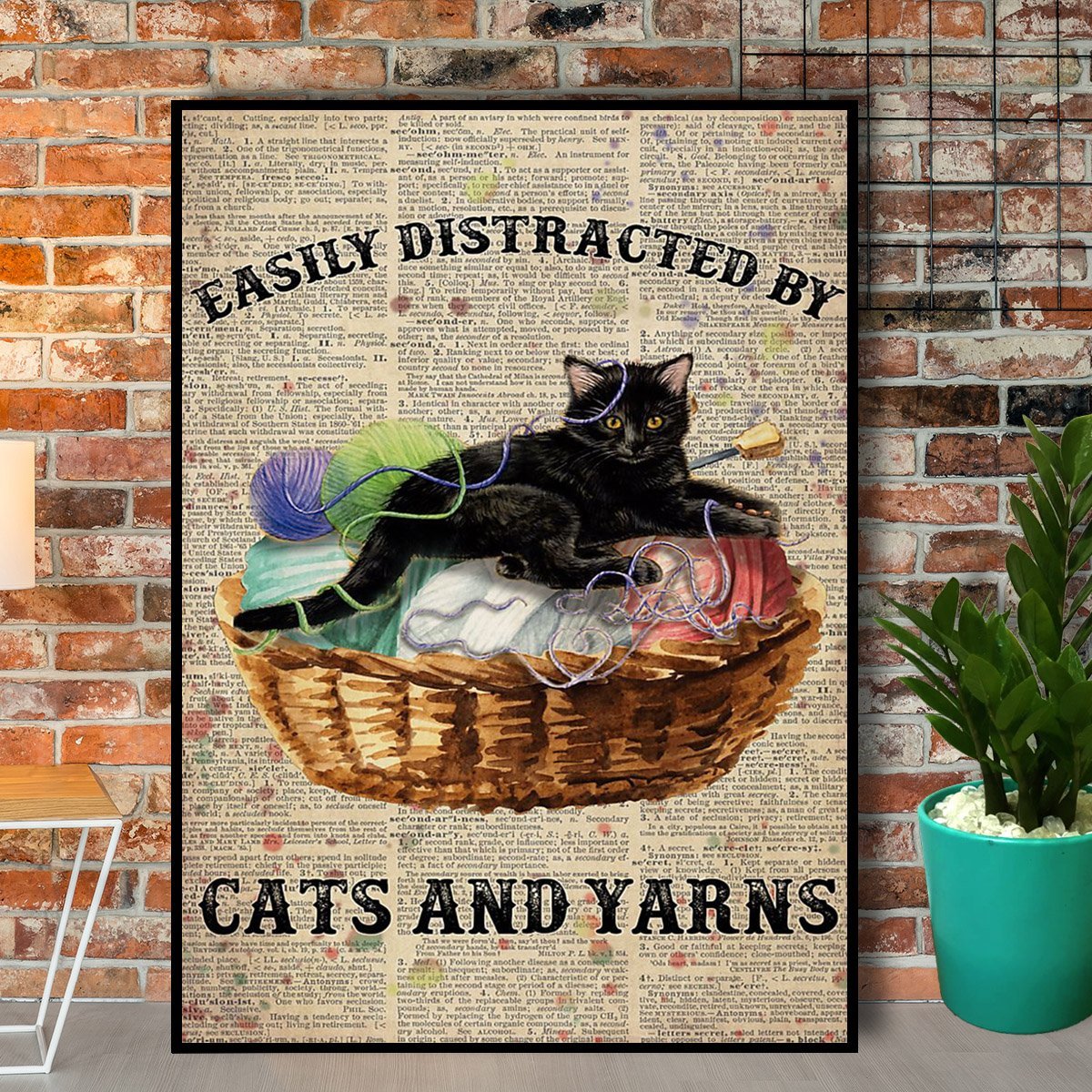 Yarns & Balck Cat Easily Distracted By Cats And Yarns Vintage  Poster No Frame Matte Canvas