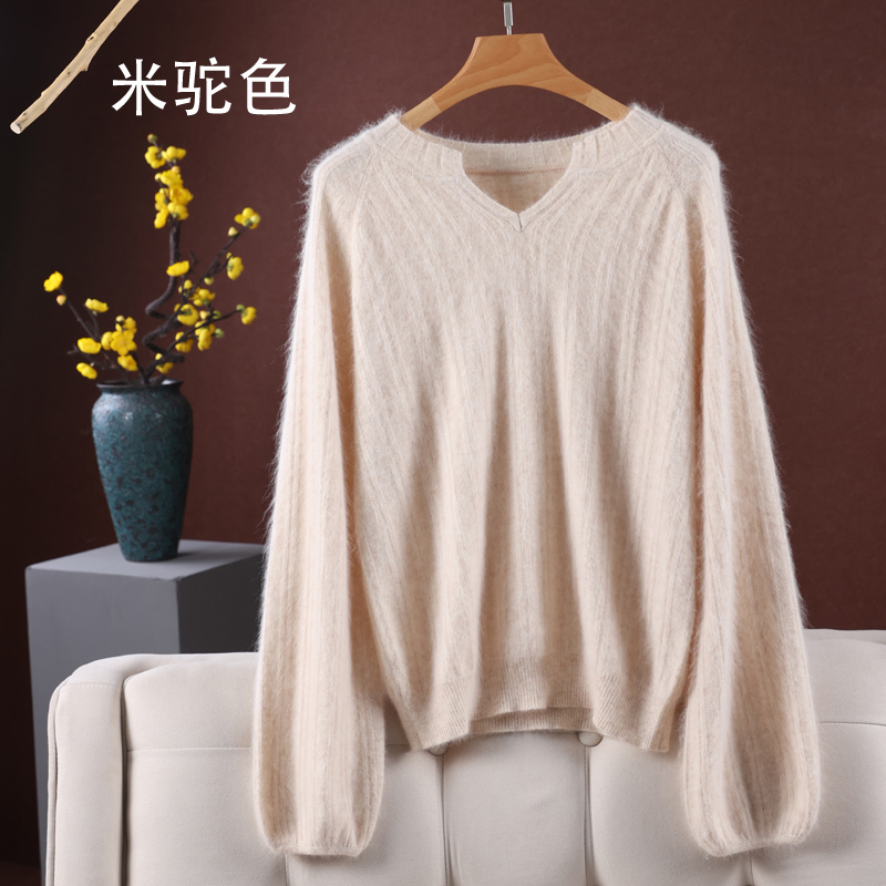 Women New 100%pure Mink Cashmere Sweater Fashion Large Size Pullover Autumn Winter Warm Top Loose Puff Sleeve Knit Female Jacket alx