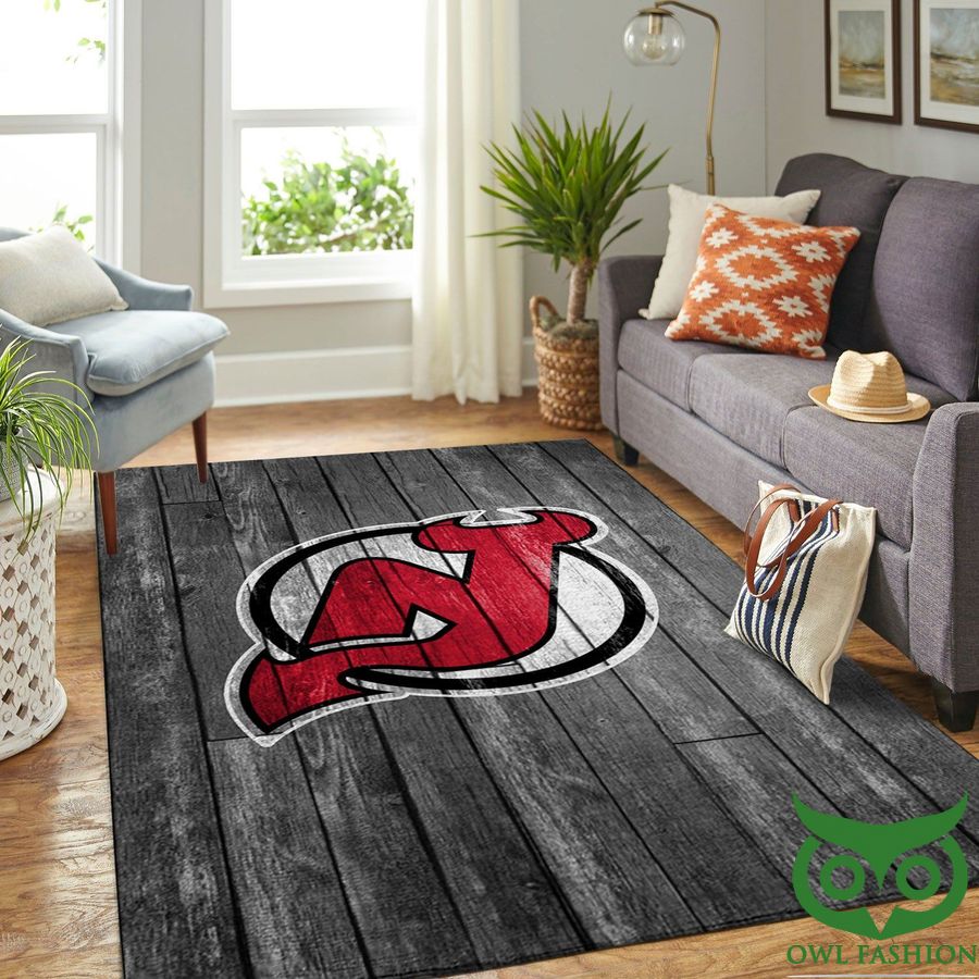 New Jersey Devils Team Logo Dark Grey Wooden Style Carpet Rug