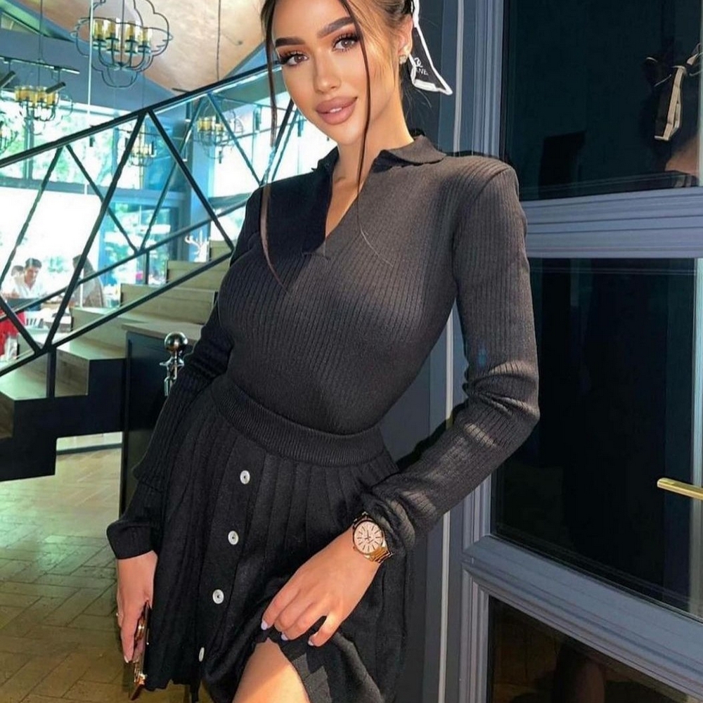 Yanueun Preppy Style Women Set Polo V Neck Slim Pullover Sweater Top+Elastic Waist Button Knitted Mini Skirt 2-Piece Suits alx