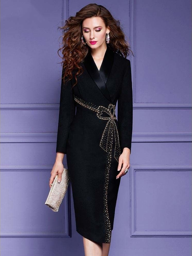 Black Dress Women’s Clothing Spring and Fall French Grace Long Sleeves Fashion Bead Suit Skirt Medium Long Banquet Shirt Dress alx