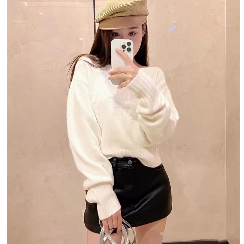 Women Sweater Pullover Sexy Slash Neck Casual Solid Pink Beige Autumn Winter High Street Chic Vintage SuéteresKnitted Traf Tops alx