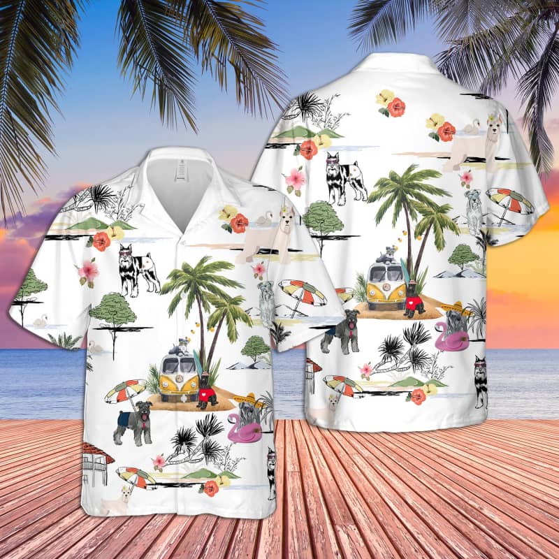 Unisex Miniature Schnauzer Beach Hawaii Print Aloha Short Sleeve Casual Shirt Ha90317