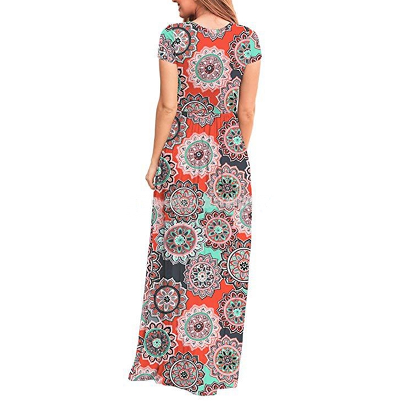 Women Dresses Summer Elegant Sexy Print Boho Beach Maxi Dress Wrap Sundress Robe Pocket Short Sleeve Casual Floor-length Dresses alx