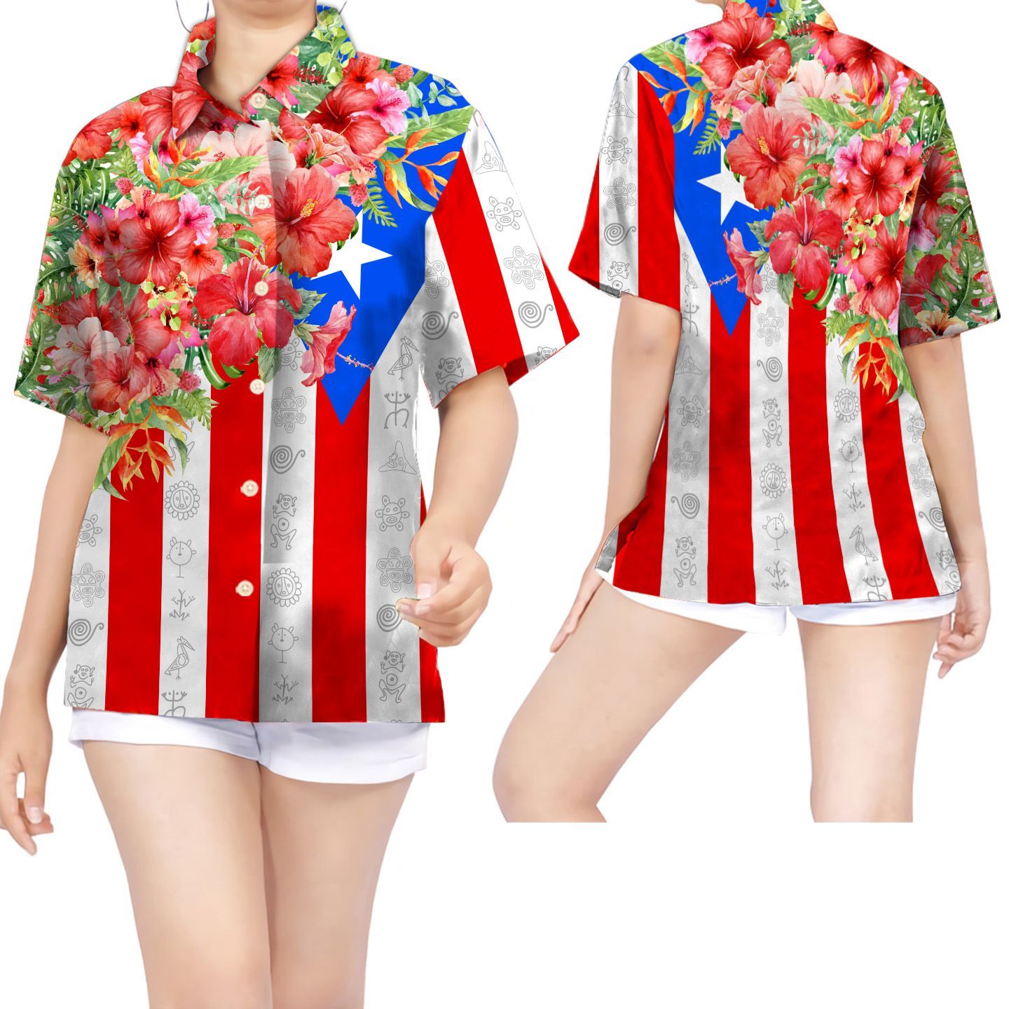 Beach Shirt Hibiscus Puerto Rico Flag Hawaiian Shirt For Women For Puerto Ricans