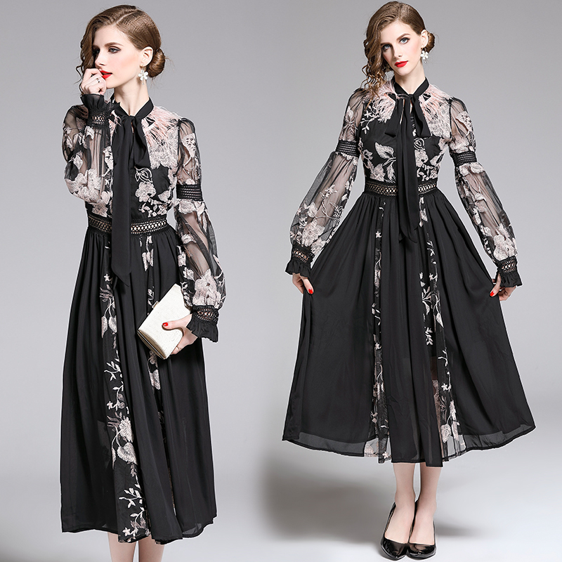 SuperAen New Fashion Ostrich Burr Embroidered Dress Lace Up Feather Lantern Sleeve Fashion A-line Long Dress for Women alx