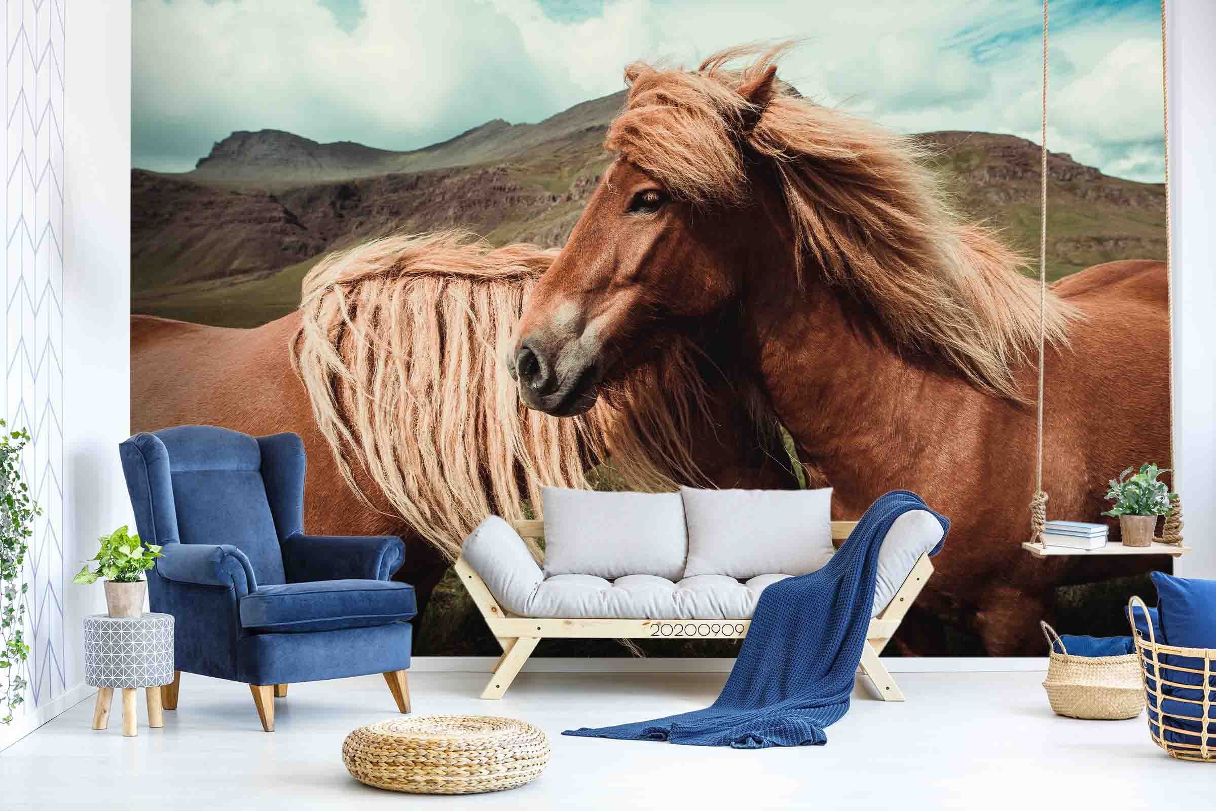 3D Cloud Green Mountain Horse Animal Wall Mural Wallpaper Lxl