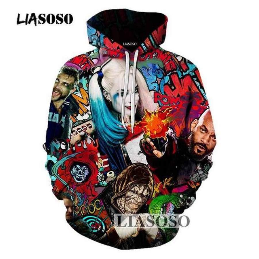 LIASOSO Anime Suicide Squad Joker Harley Quinn Print 3D Hoodies Men /Women Sweatshirt Hooded Pullover Hip Hop Tracksuits R4027