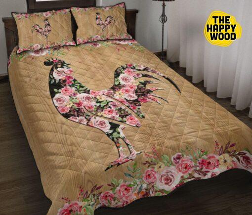 Chicken Flower Background Wood Style Quilt Bed Set And Pillow Covers