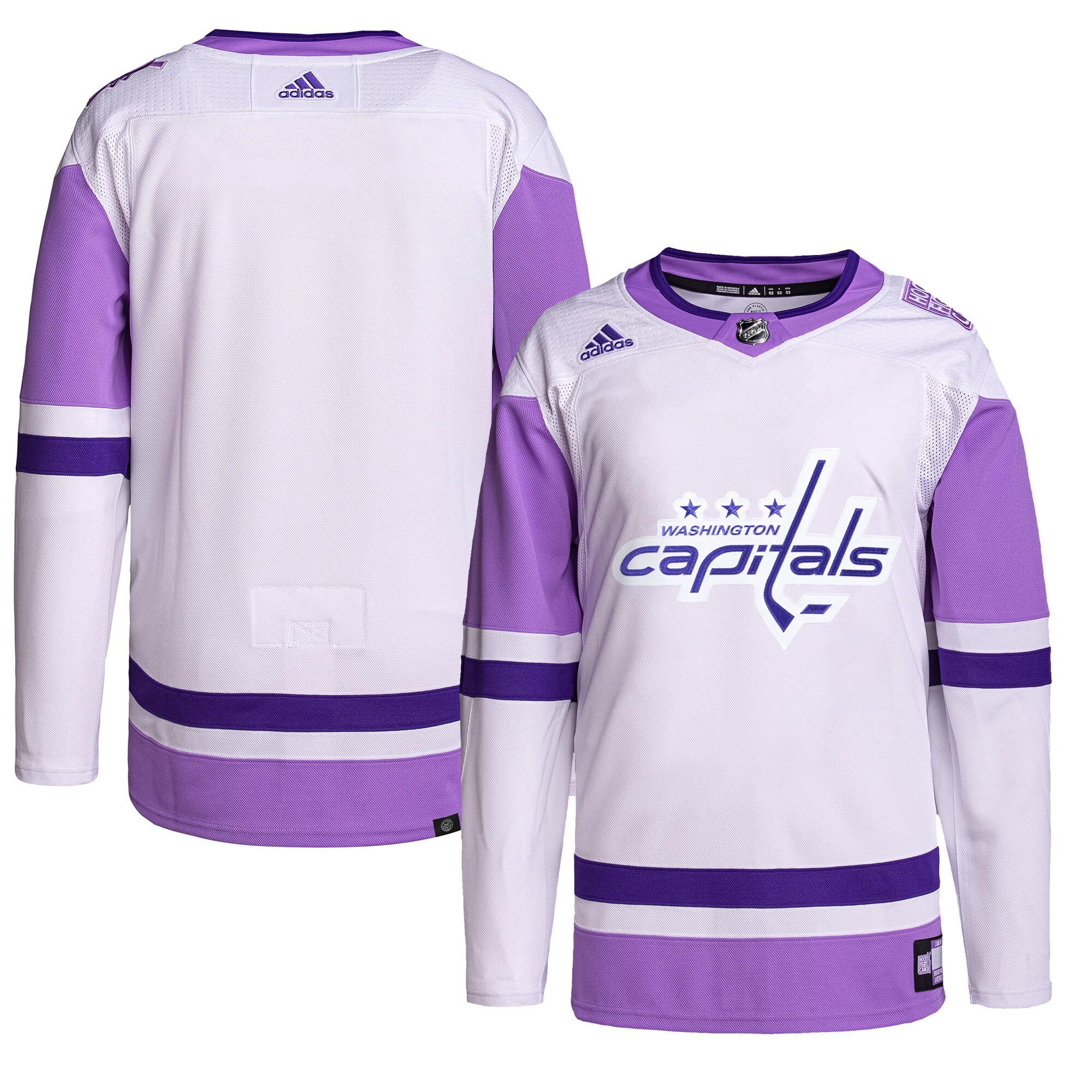 Men's Washington Capitals adidas White/Purple Hockey Fights Cancer Primegreen Authentic Blank Practice Jersey