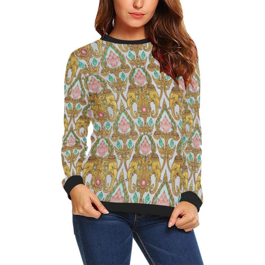 Thai Lotus Elephant Print Women Crewneck Sweatshirt