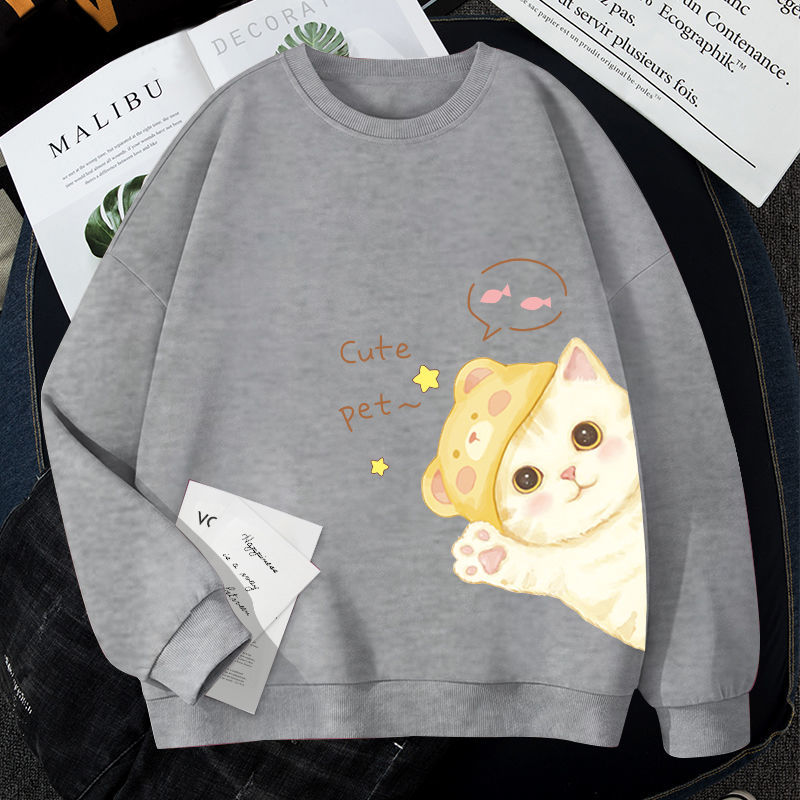 2022 Autumn Harajuku Women Pullover Sweatshirt Hoodies Hat Cat Print Korean Winter Loose Lovers Long Sleeved Female Tops y2k alx