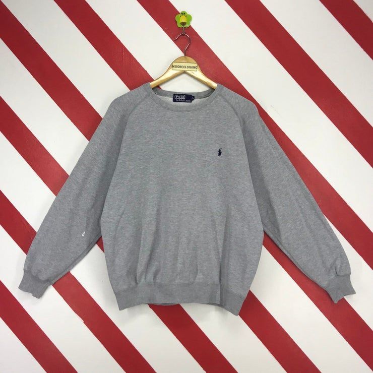 Vintage Des Ann Es 90 Sweat Ralph Lauren Pull Ras Du Cou Usa Cavalier Petit Poney Logo Broderie Gris Shirt