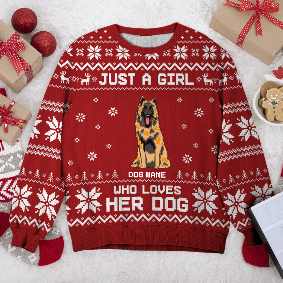 Belgian Tervuren Just A Girl Personalized Sweater, Dog Ugly Christmas Sweater