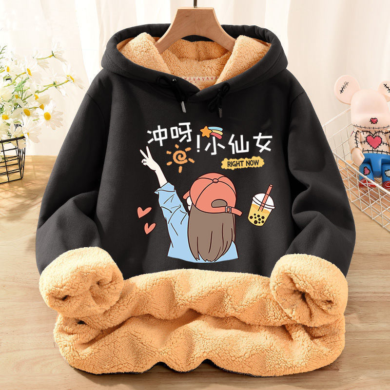 Winter Sweet New Products Sweatshirt Women Fleece Coat Print Vitality Milk Tea Fairy Pullover Orange Red Casual Hoodie Female alx